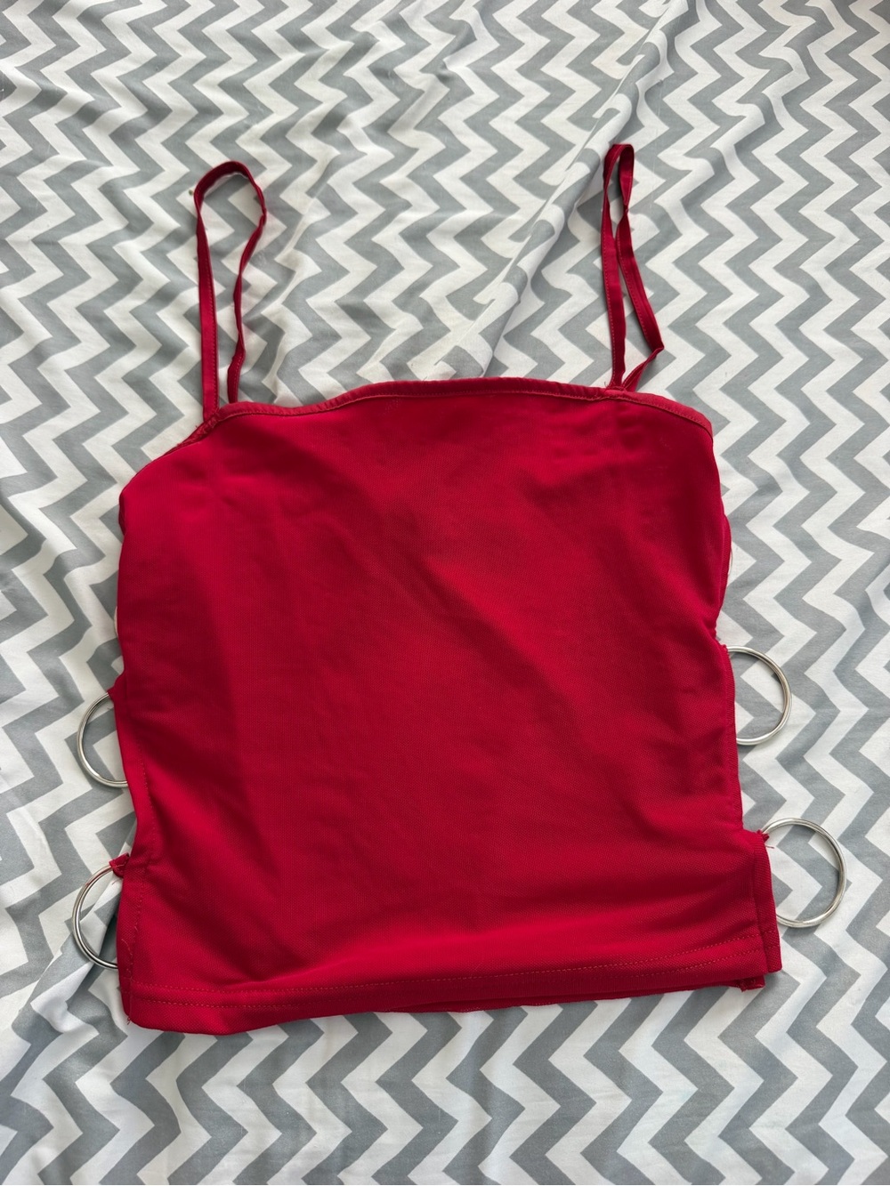 Tiger Mist Red Spaghetti Strap Tank with Side Ring Details